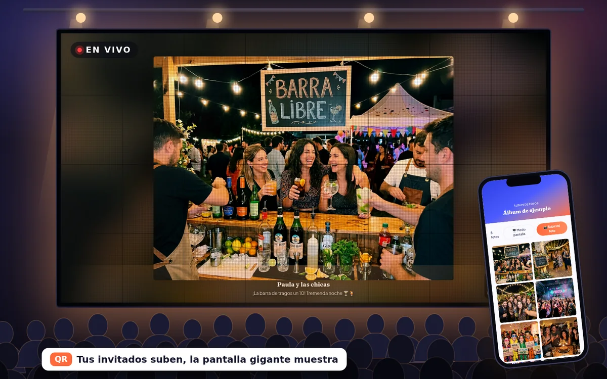 Pantalla LED gigante en un salón con público, mostrando en vivo la presentación del álbum con una foto de la barra de tragos, y un celular con la pantalla para subir fotos