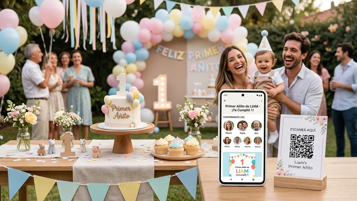 Festejo del primer añito con familia y amigos usando la invitación digital y álbum QR de Koinos